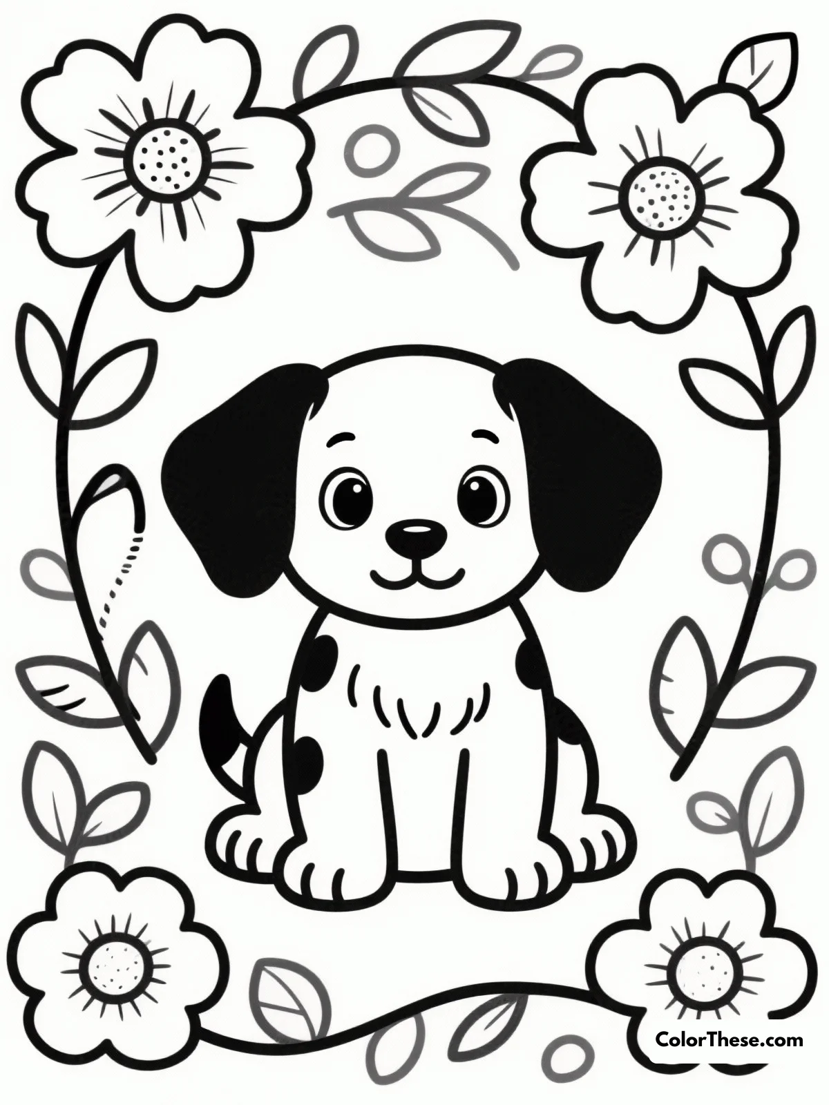 Free printable puppy and floral design coloring page for kids and adults. Explore the playful world of a happy puppy surrounded by blooming flowers in this fun and easy coloring page designed for young artists!