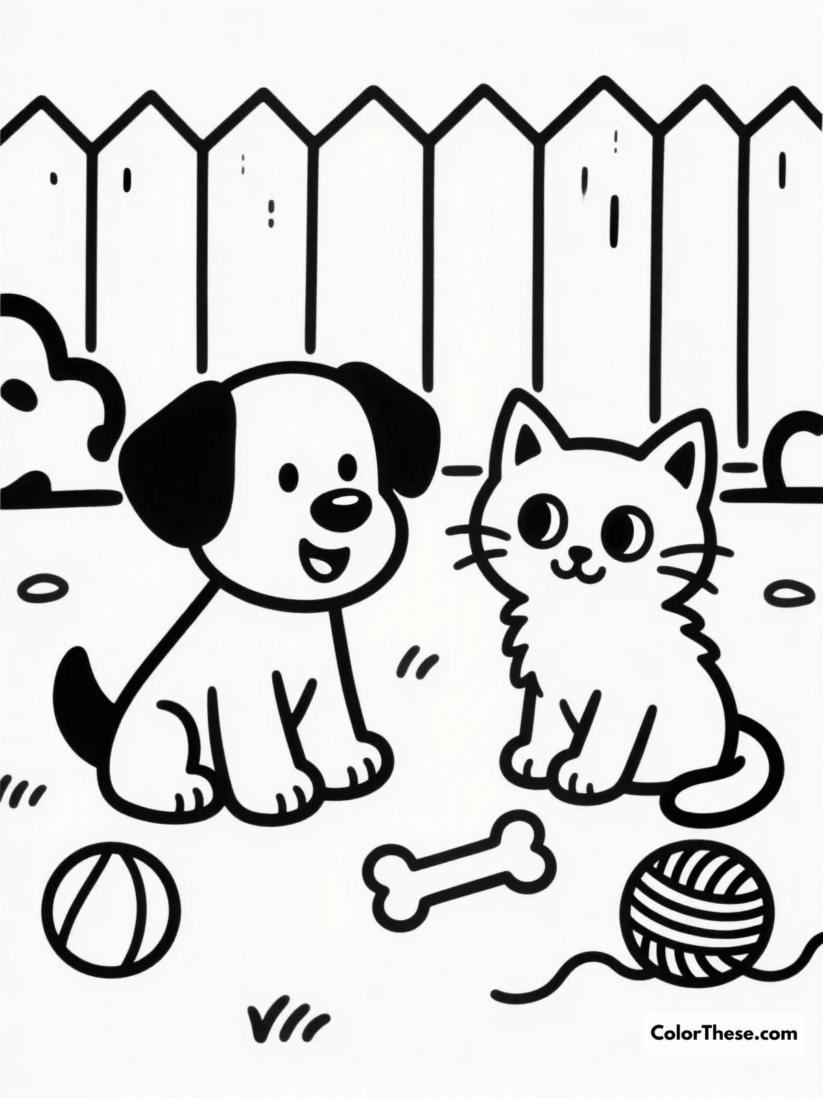 Free printable puppy and kitten playdate coloring page for kids and adults. Join a playful puppy and kitten on their delightful playdate. This coloring page offers a perfect blend of simplicity and complexity for all skill levels.