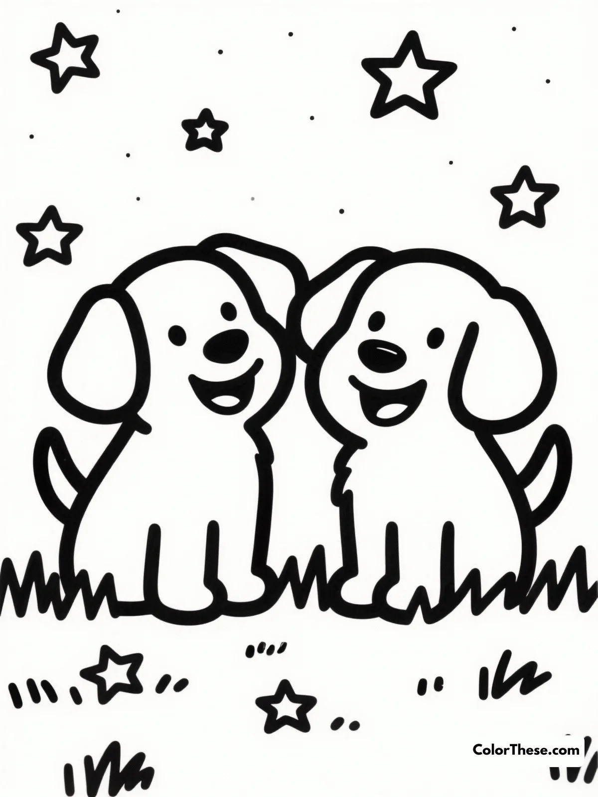 Free printable puppy love under the stars coloring page for kids and adults. Join a pair of adorable puppies under a starlit sky in this heartwarming coloring page perfect for all ages. Add your creative touch to this enchanting scene.