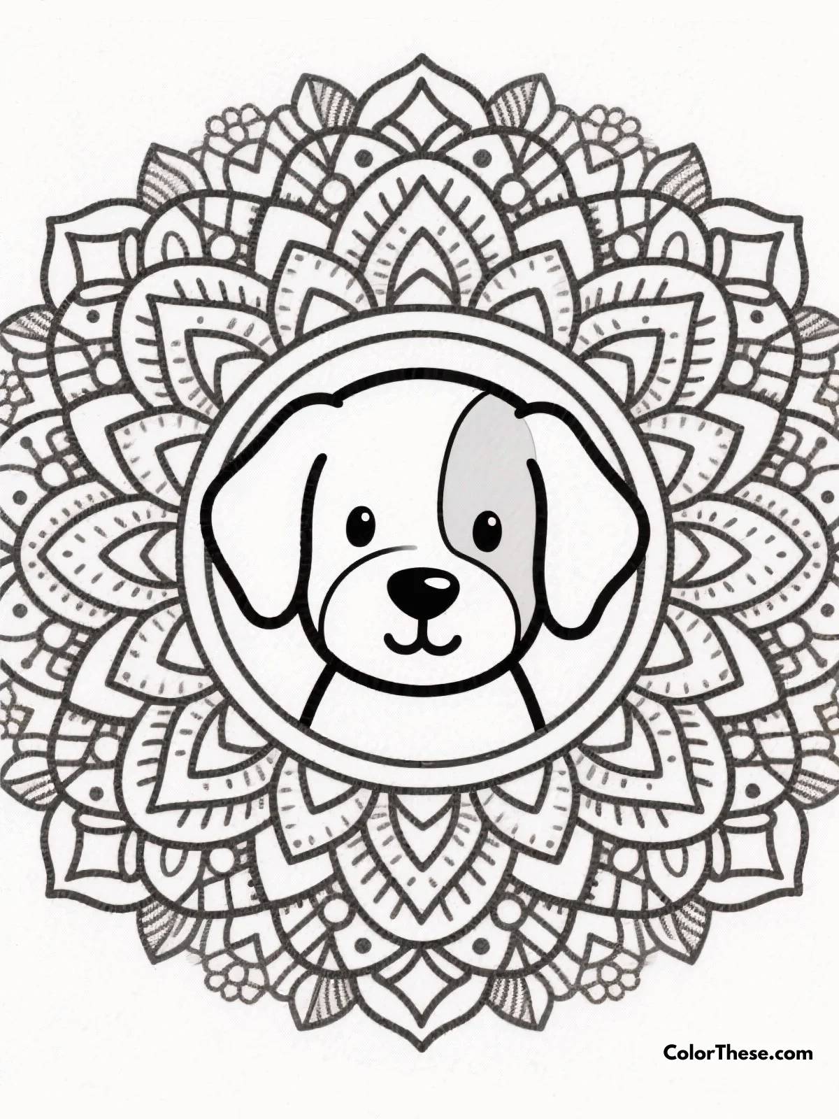 Free printable puppy mandala coloring page for kids and adults. Explore the enchanting Puppy Mandala coloring page, perfect for all ages with its delightful blend of puppies and intricate patterns. Unleash your creativity and enjoy a relaxing coloring experience.