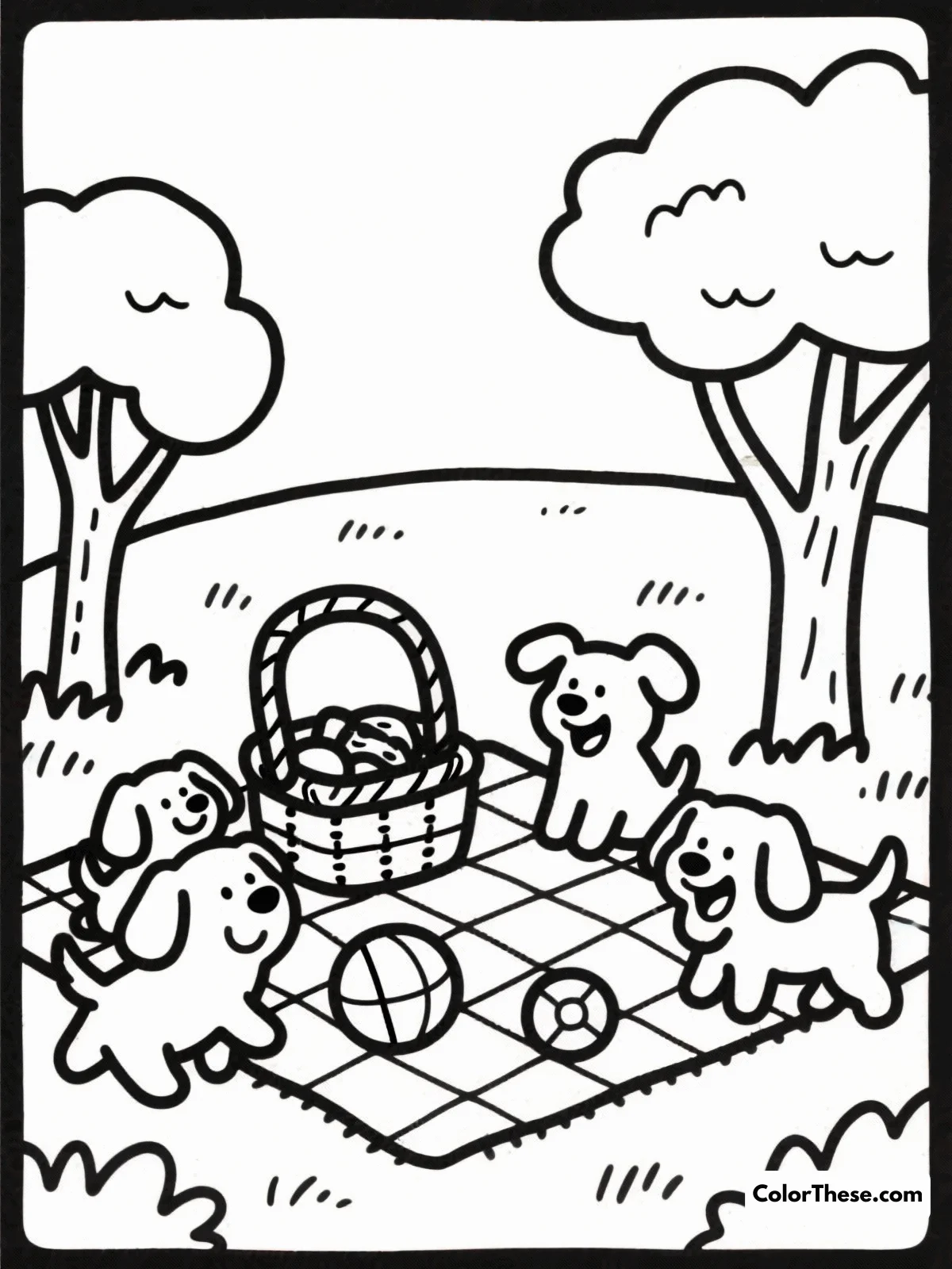Free printable puppy picnic fun coloring page for kids and adults. This charming coloring page invites you to add vibrant colors to a joyful picnic scene with playful puppies. Perfect for all ages, it offers a delightful mix of fun and creativity.