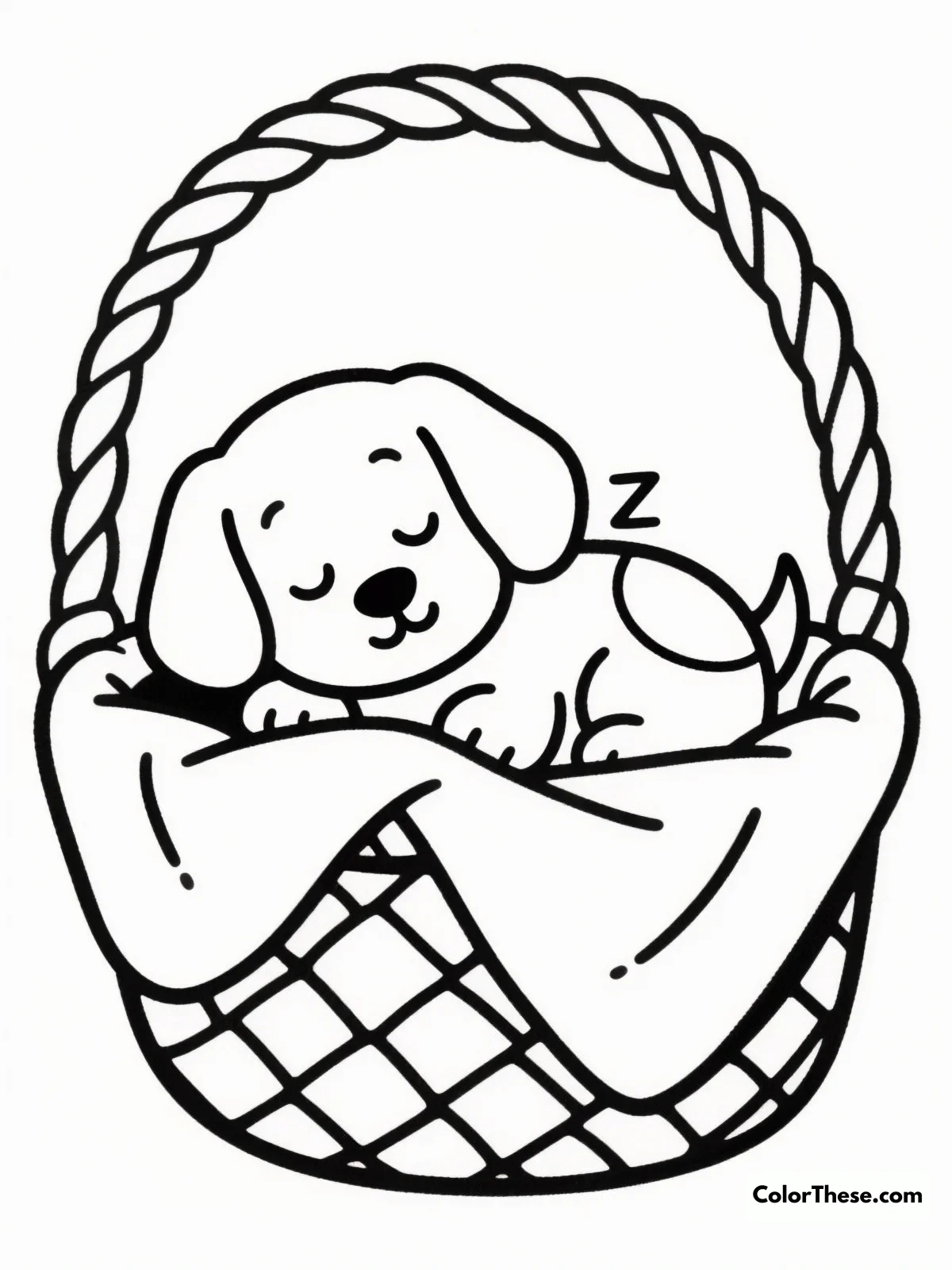 Free printable sleeping puppy in a basket coloring page for kids and adults. Color a cute sleeping puppy in a basket! Use bright colors and let your imagination run wild with this fun and easy coloring page.