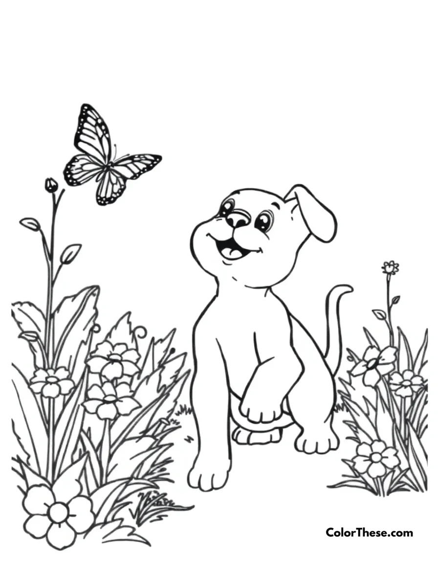 Free printable puppy with a butterfly coloring page. A curious puppy chasing a butterfly in a garden.