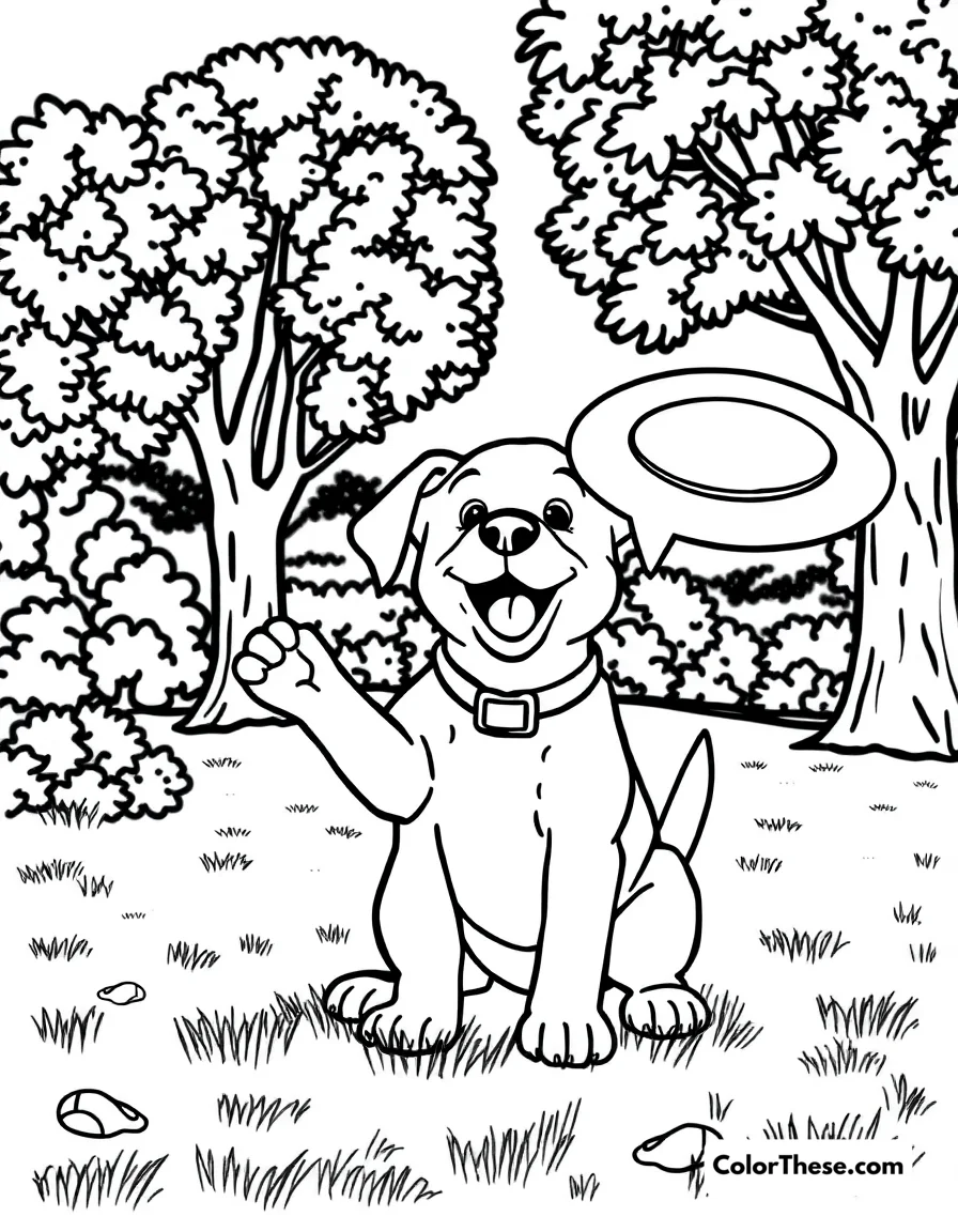 Free printable puppy with a frisbee coloring page. A puppy catching a frisbee in the park.