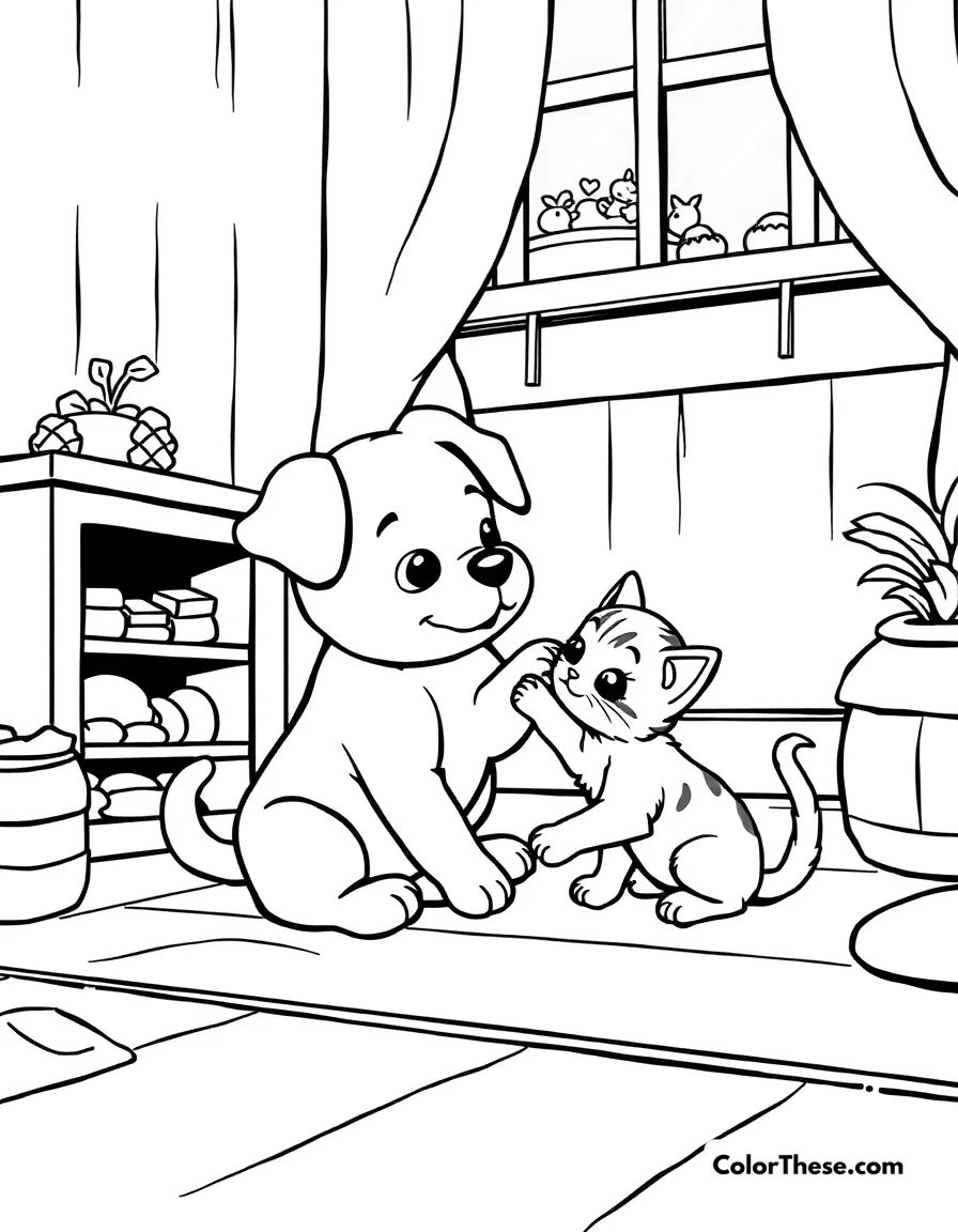 Free printable puppy with a kitten friend coloring page for kids and adults. A puppy playing with a kitten in a cozy room.