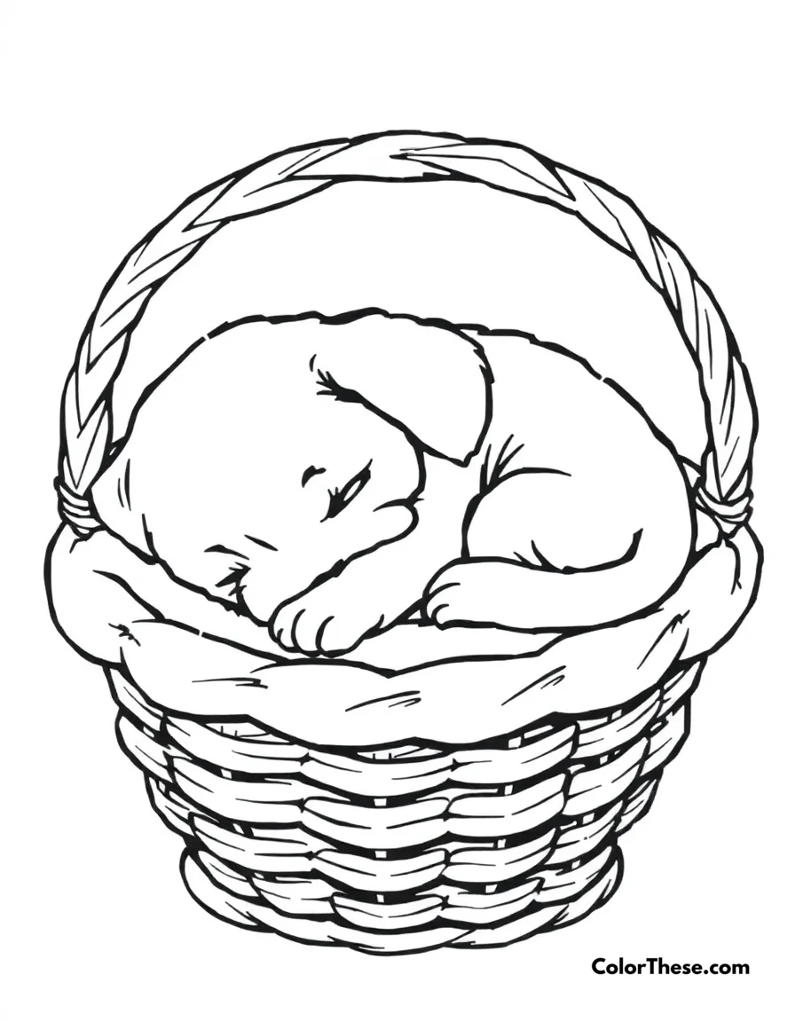 Free printable sleepy puppy in a basket coloring page for kids and adults. A sleepy puppy curled up in a cozy basket.