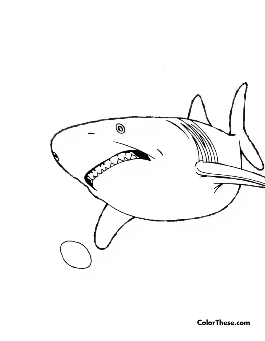 Free printable basking shark coloring page for kids and adults. A basking shark with its mouth open, feeding on plankton.