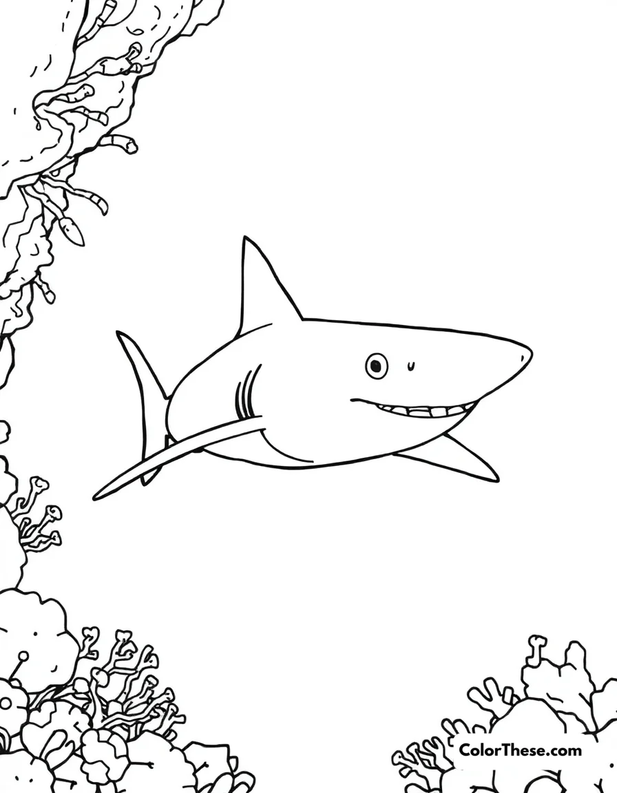 Free printable blacktip reef shark coloring page for kids and adults. A blacktip reef shark swimming near a coral reef.