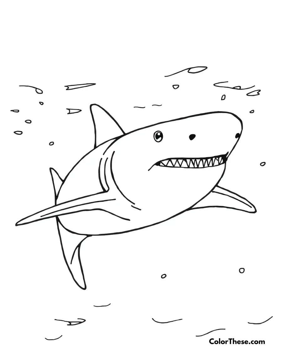 Free printable bull shark coloring page for kids and adults. A bull shark swimming in murky waters.
