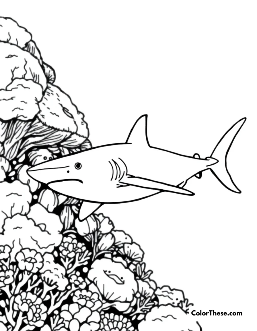 Free printable hammerhead shark coloring page for kids and adults. A hammerhead shark swimming near a coral reef.