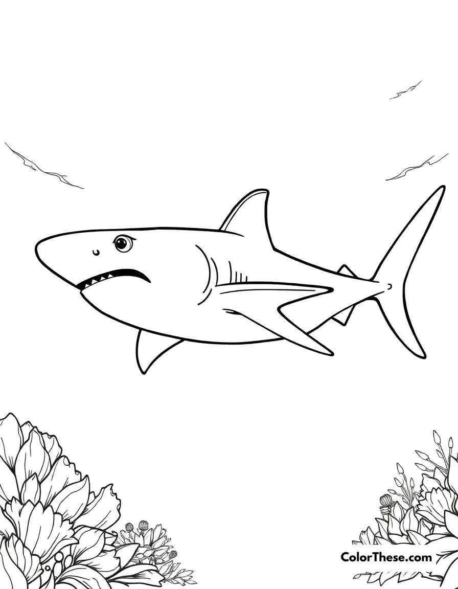 Free printable thresher shark coloring page for kids and adults. A thresher shark with its long tail swimming in the ocean.