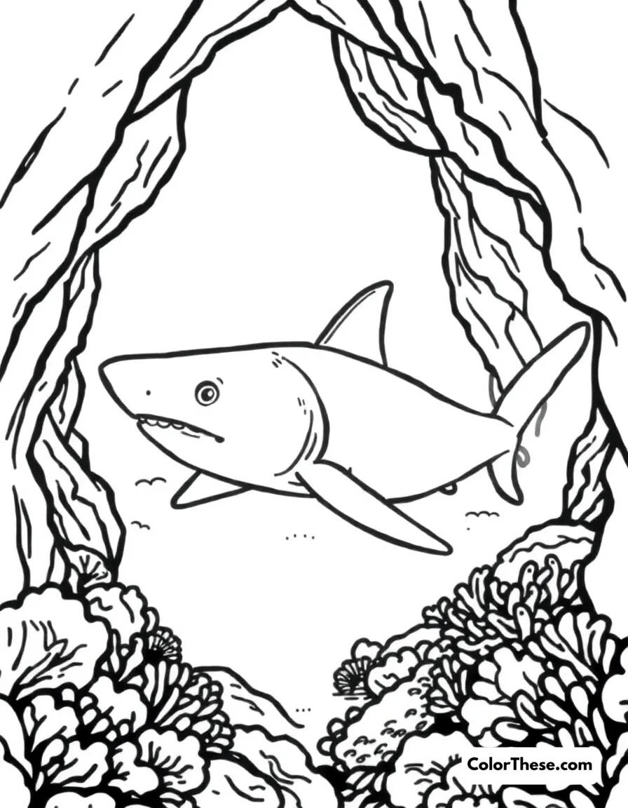 Free printable whitetip reef shark coloring page. A whitetip reef shark resting in a coral cave.