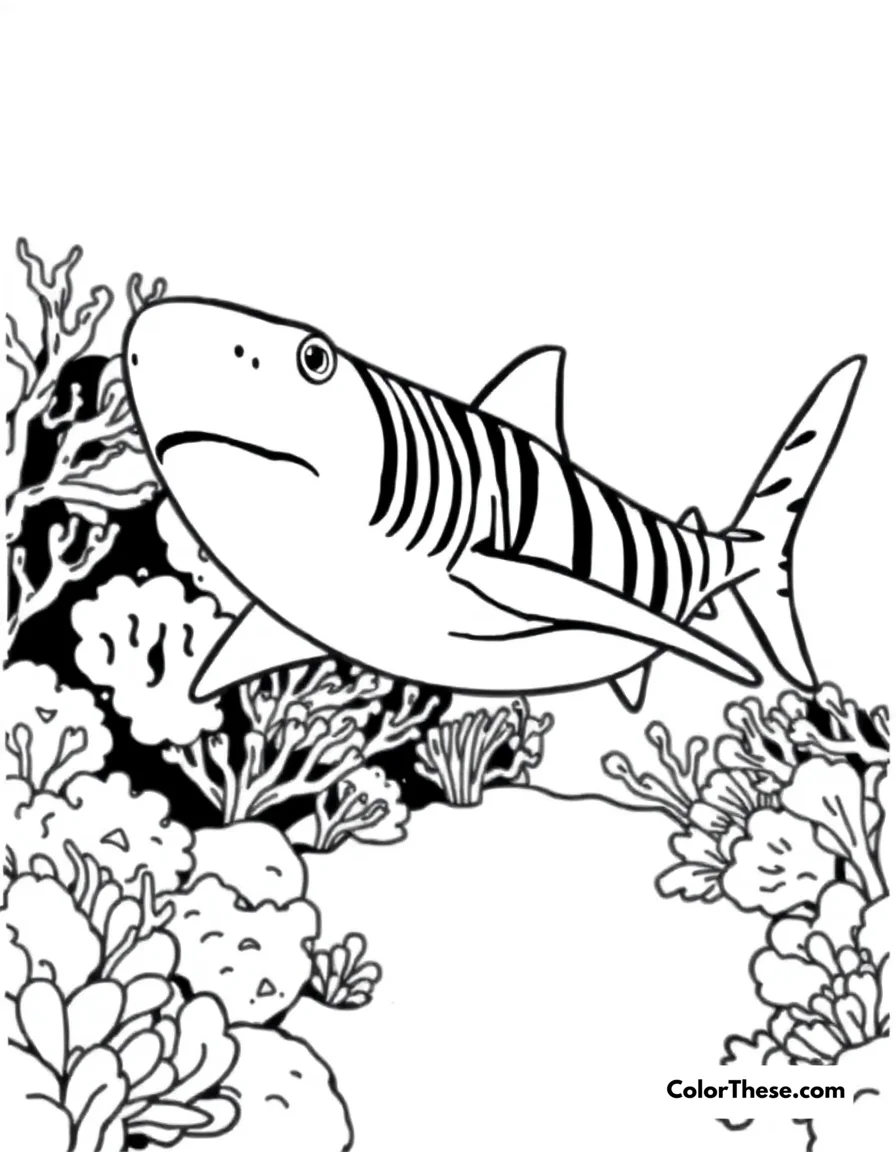 Free printable zebra shark coloring page for kids and adults. A zebra shark swimming near a coral reef.