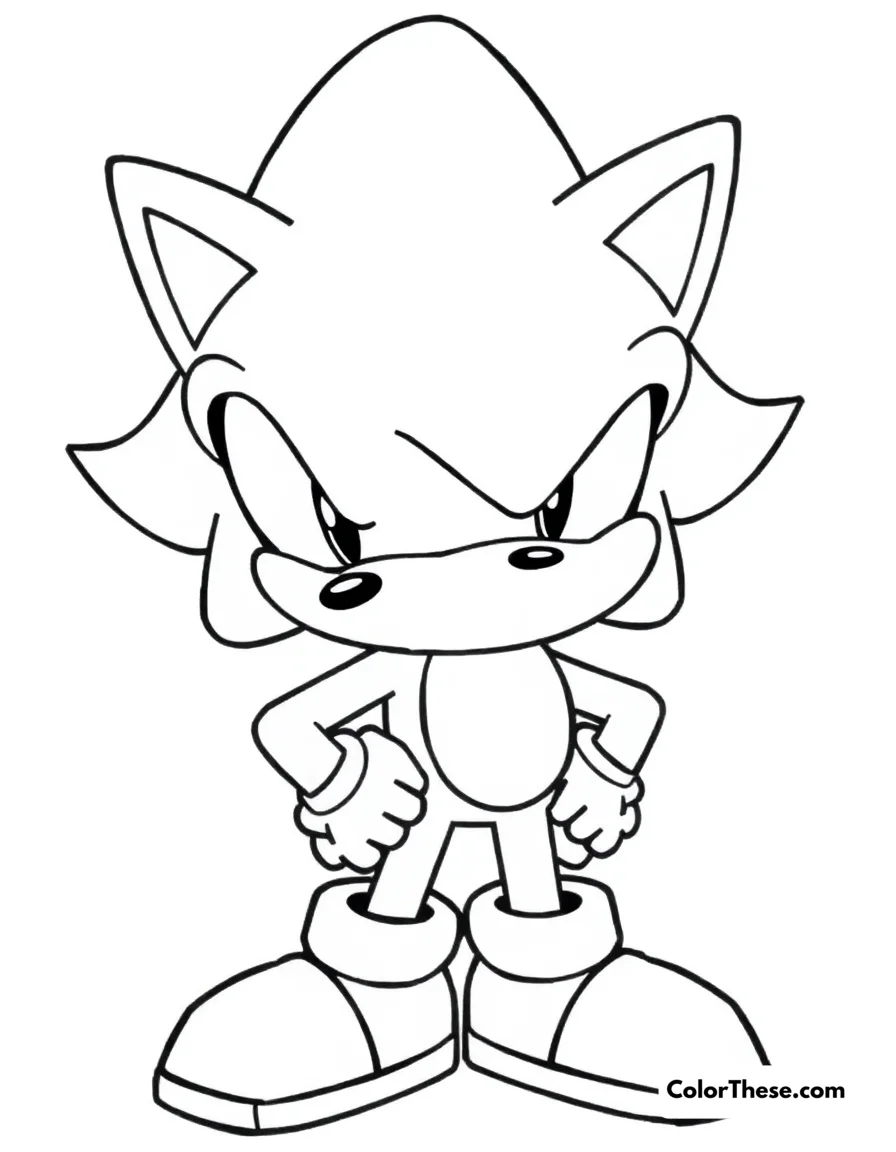 Free printable shadow the hedgehog coloring page for kids and adults. Shadow the Hedgehog standing with a serious expression.