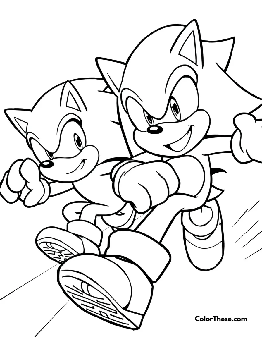 Free printable sonic and knuckles competing coloring page. Sonic and Knuckles racing each other with determined expressions.
