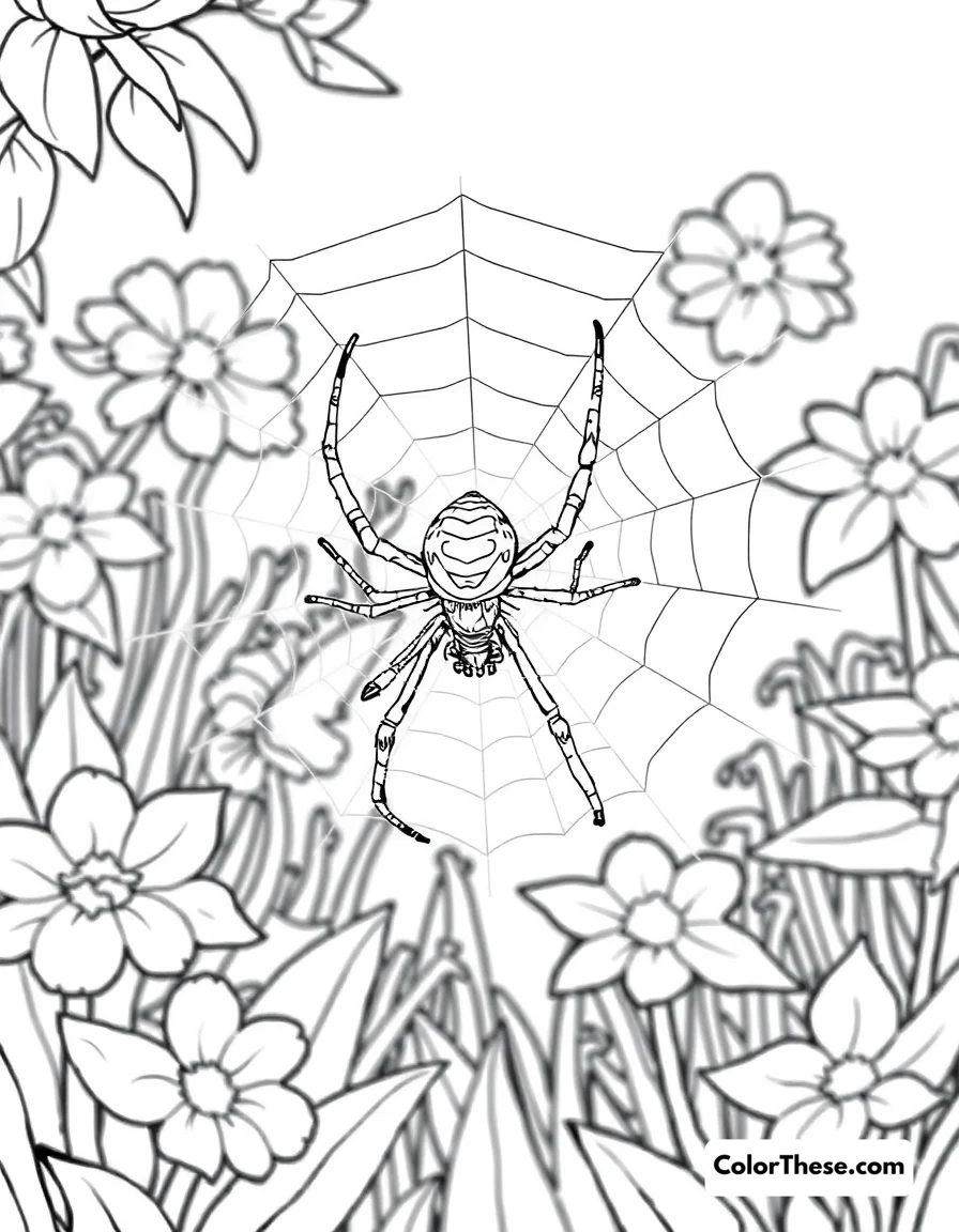 Free printable garden spider on its web coloring page for kids and adults. A garden spider sitting on its web in a garden.