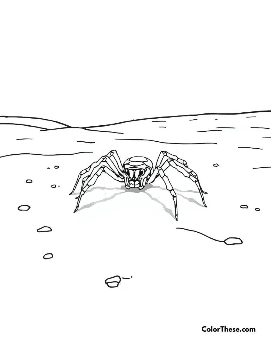 Free printable spider in a desert coloring page for kids and adults. A spider crawling on the sandy desert floor.