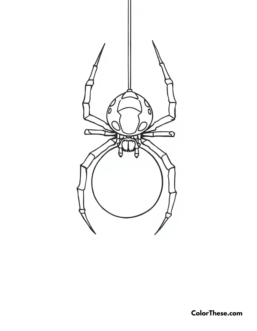 Free printable spider with its egg sac coloring page for kids and adults. A spider guarding its egg sac on a web.
