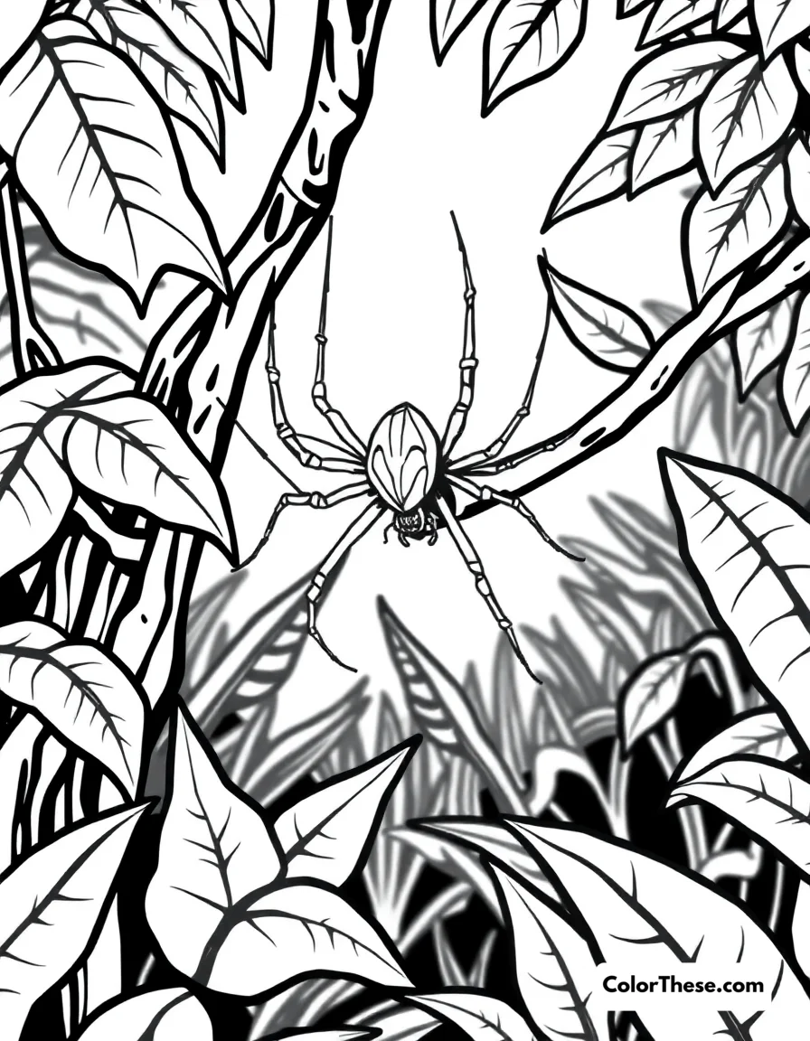 Free printable spider in a jungle coloring page for kids and adults. A spider crawling on a vine in a jungle.