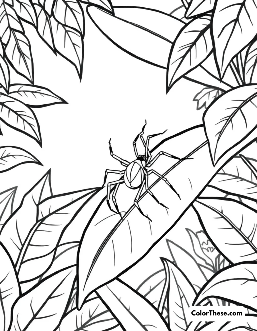 Free printable spider in a rainforest coloring page for kids and adults. A spider crawling on a leaf in a rainforest.