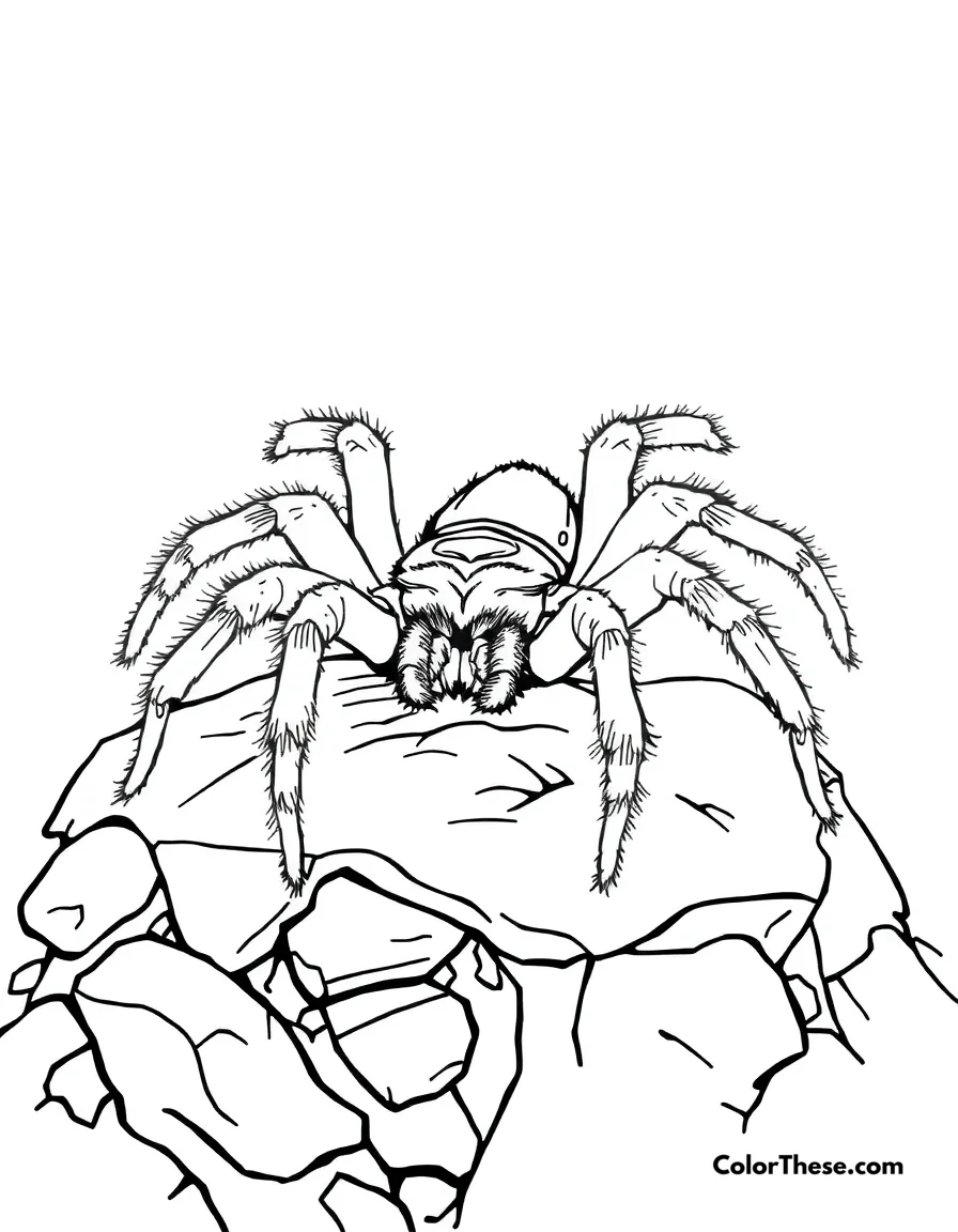 Free printable tarantula on a rock coloring page for kids and adults. A tarantula sitting on a rocky surface.
