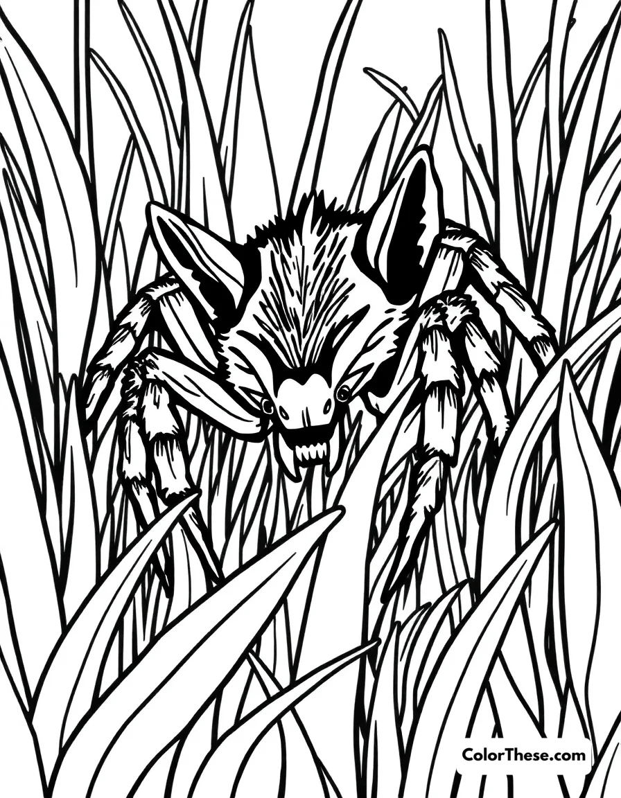 Free printable wolf spider in the grass coloring page for kids and adults. A wolf spider hiding in the grass.