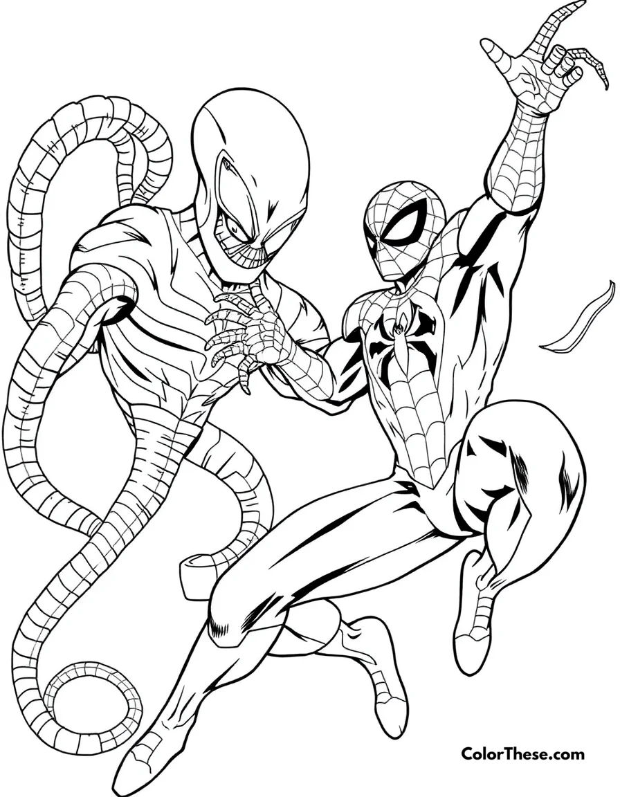 Free printable spiderman and doctor octopus coloring page for kids and adults. Spiderman battling Doctor Octopus.