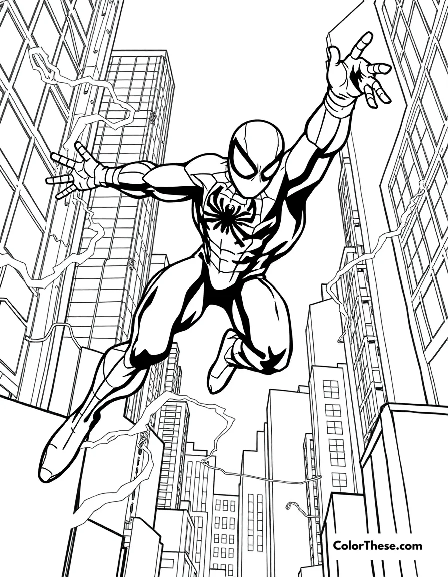 Free printable spiderman and electro coloring page. Spiderman battling Electro in the city.
