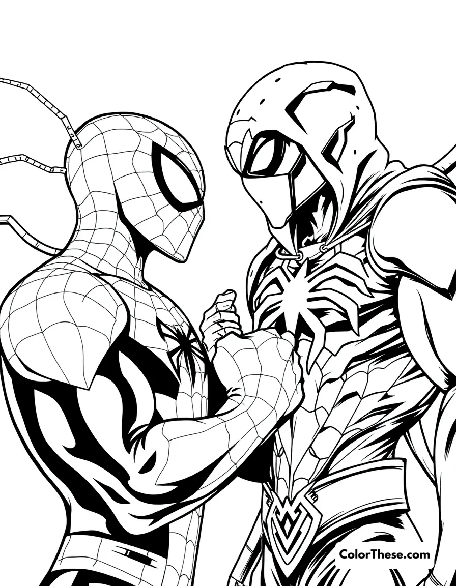 Free printable spiderman and green goblin coloring page. Spiderman facing off against the Green Goblin.