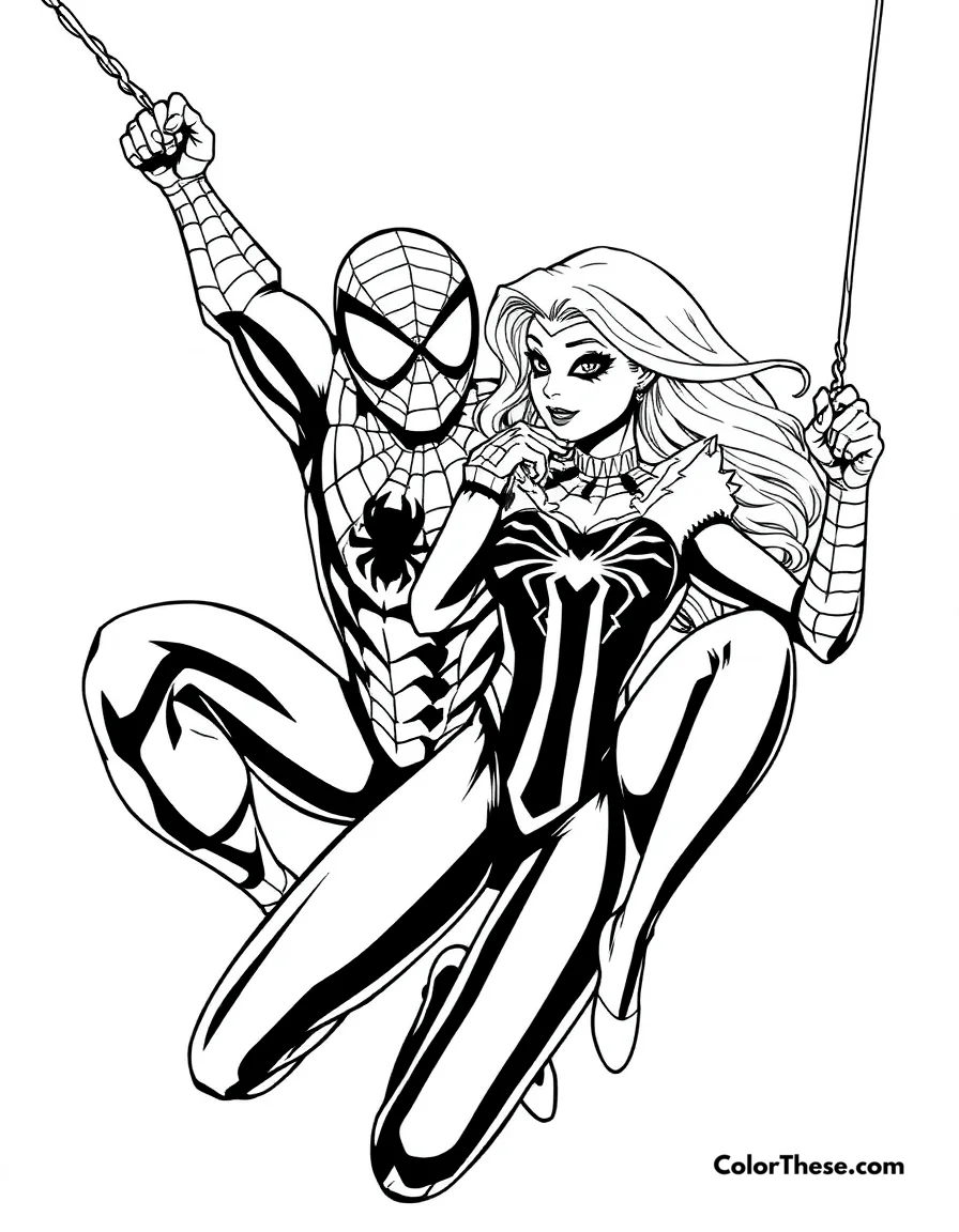 Free printable spiderman and gwen stacy coloring page for kids and adults. Spiderman and Gwen Stacy swinging together.