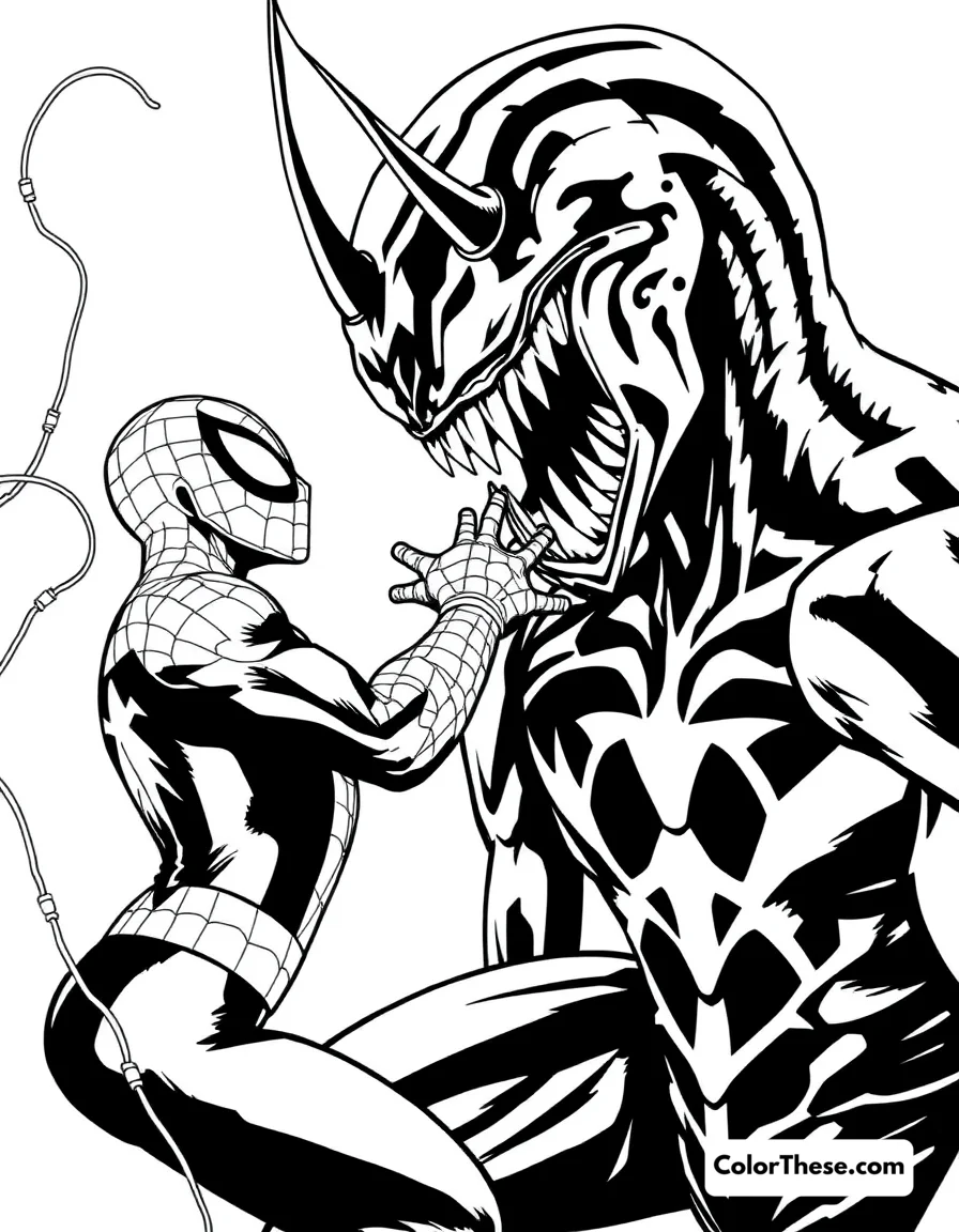 Free printable spiderman and hammerhead coloring page for kids and adults. Spiderman facing Hammerhead in a dramatic scene.