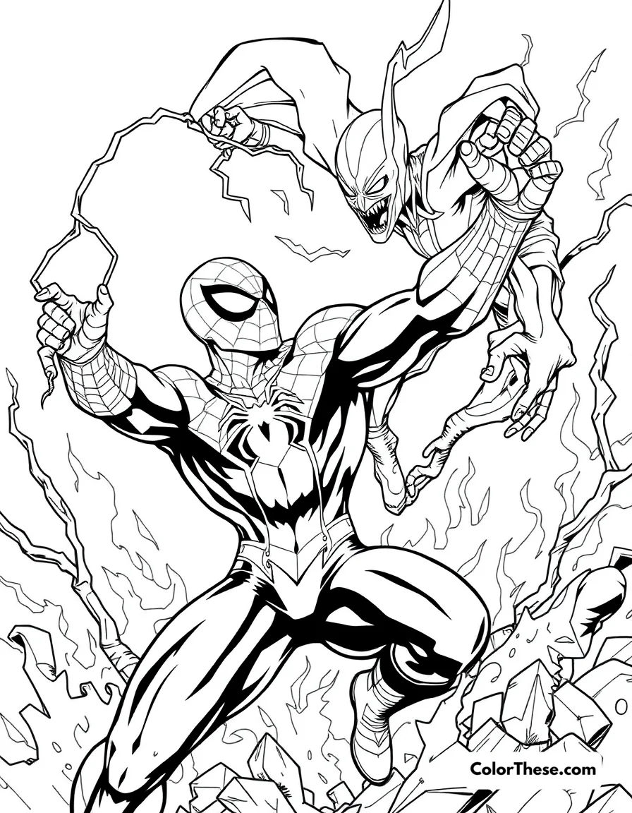 Free printable spiderman and hobgoblin coloring page. Spiderman battling Hobgoblin in a fiery scene.