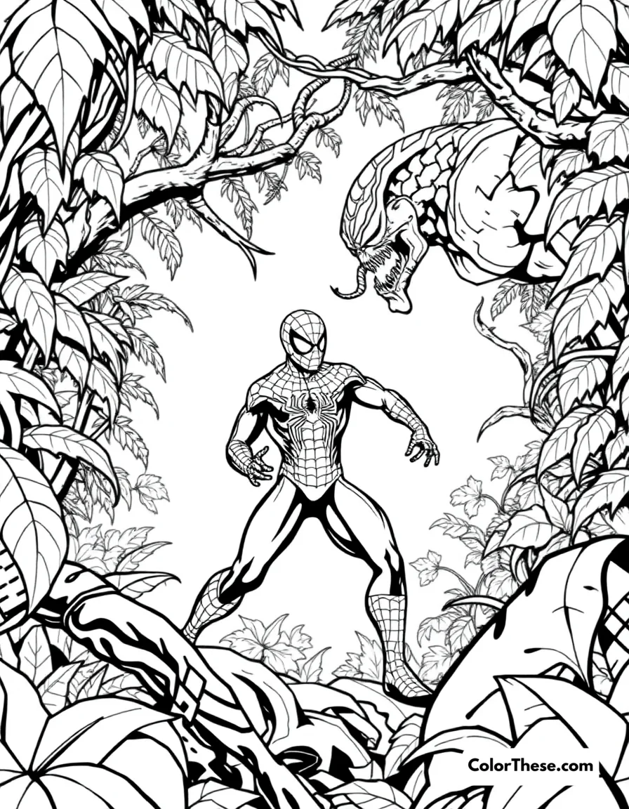Free printable spiderman and kraven the hunter coloring page for kids and adults. Spiderman facing Kraven the Hunter in a jungle scene.