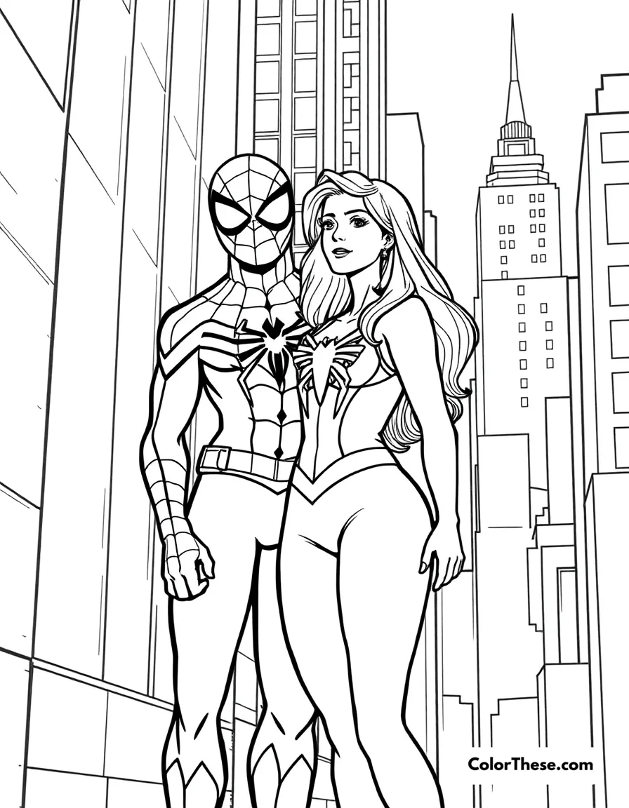 Free printable spiderman and mary jane coloring page for kids and adults. Spiderman and Mary Jane standing together in the city.
