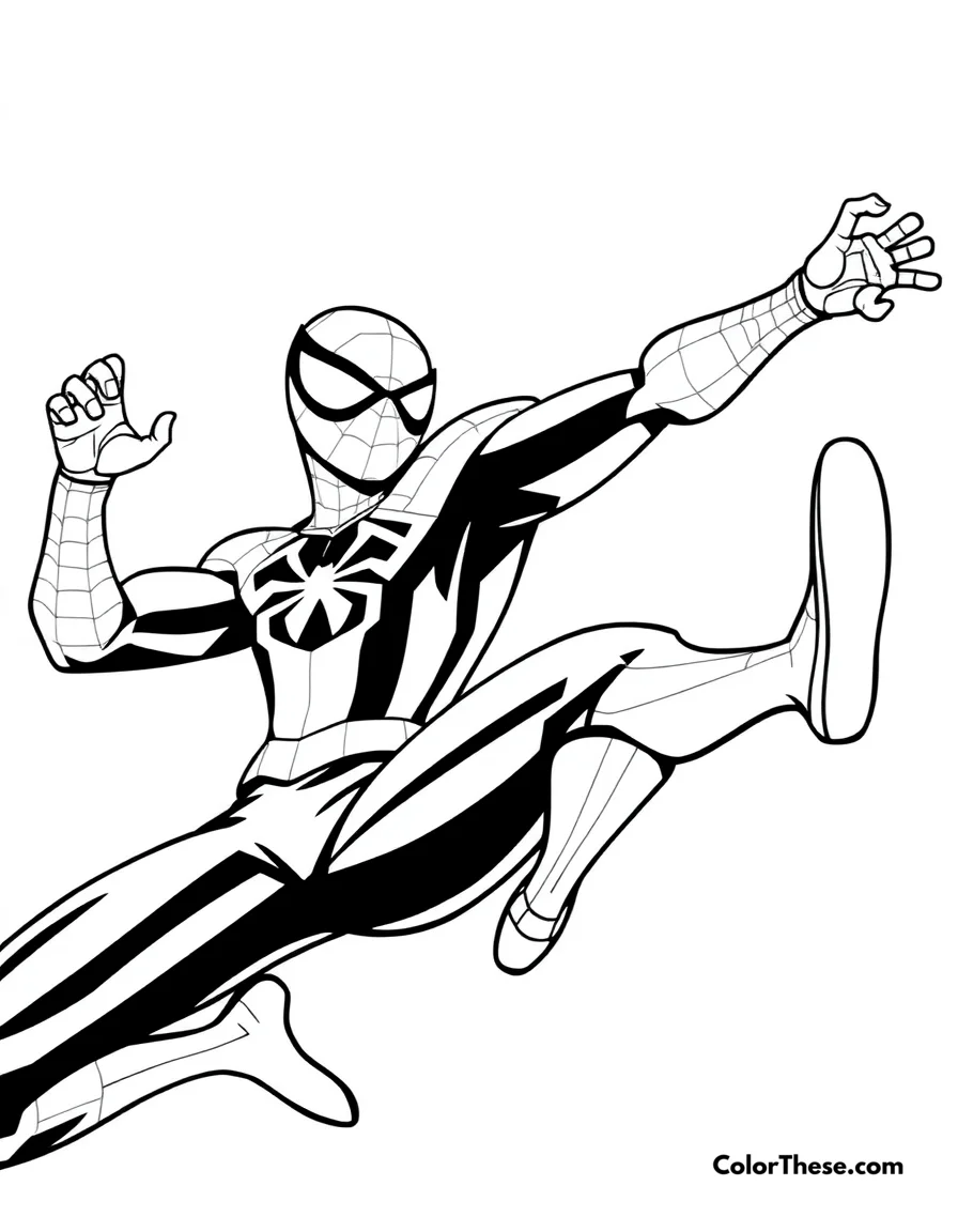Free printable spiderman and miles morales coloring page. Spiderman and Miles Morales swinging together.