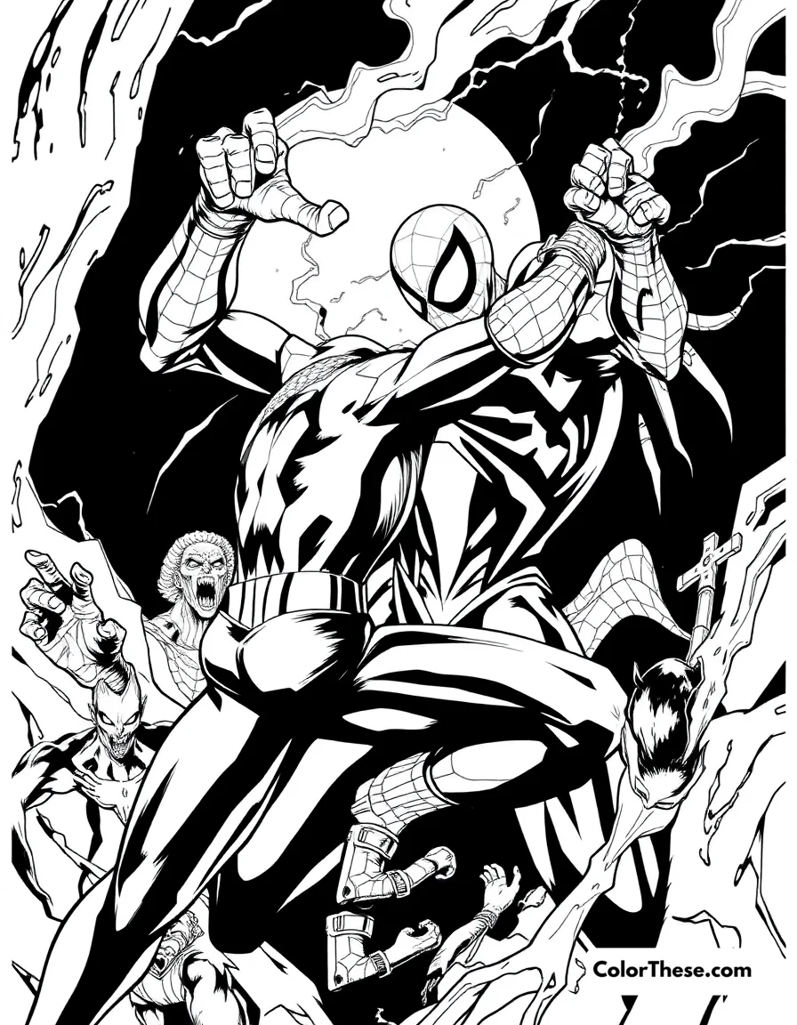 Free printable spiderman and morbius coloring page for kids and adults. Spiderman battling Morbius in a dark scene.