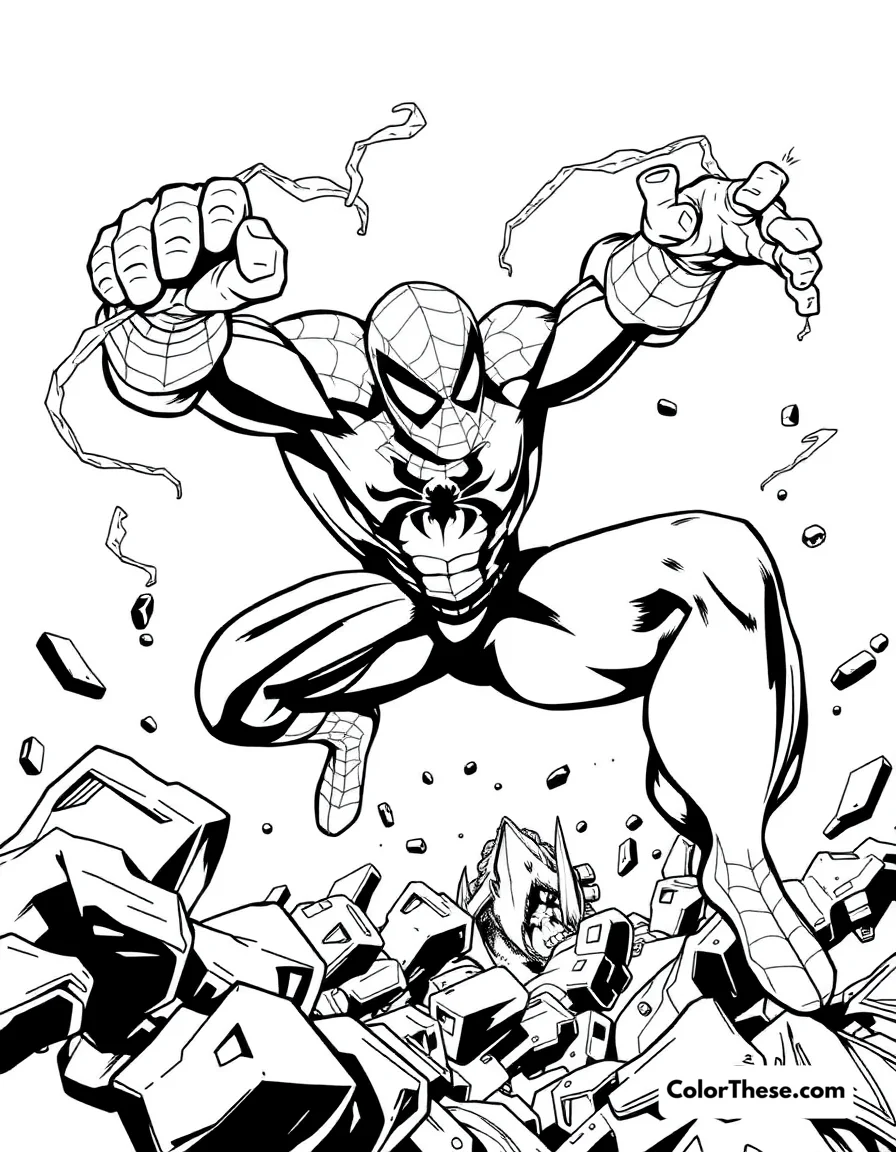 Free printable spiderman and rhino coloring page for kids and adults. Spiderman battling Rhino in a high-impact scene.
