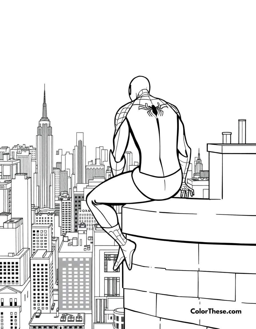 Free printable spiderman on a rooftop coloring page. Spiderman perched on a rooftop, looking over the city.