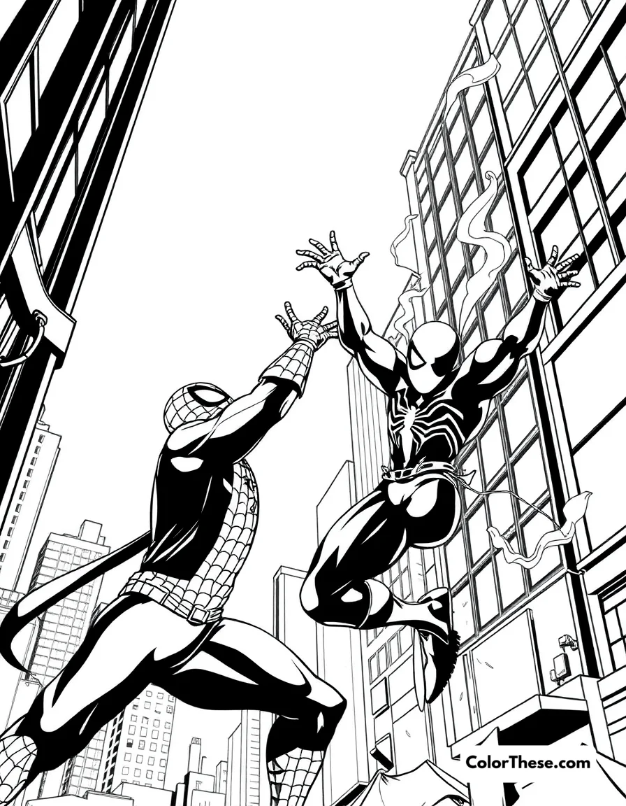 Free printable spiderman and sandman coloring page for kids and adults. Spiderman battling Sandman in the city.