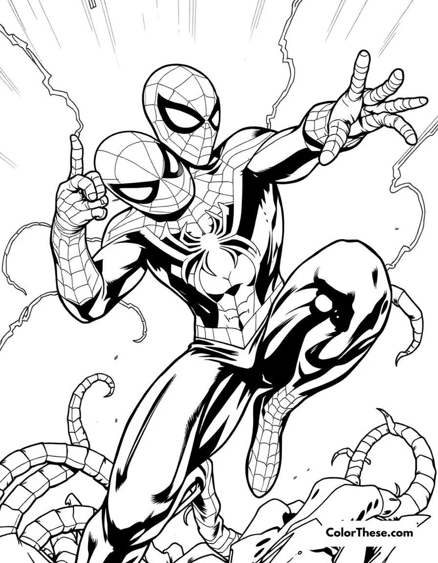 Free printable spiderman and scorpion coloring page. Spiderman battling Scorpion in a dangerous scene.
