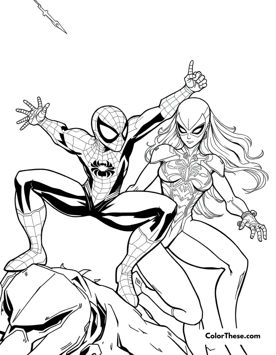 Free printable spiderman and silver sable coloring page for kids and adults. Spiderman and Silver Sable in a dynamic scene.