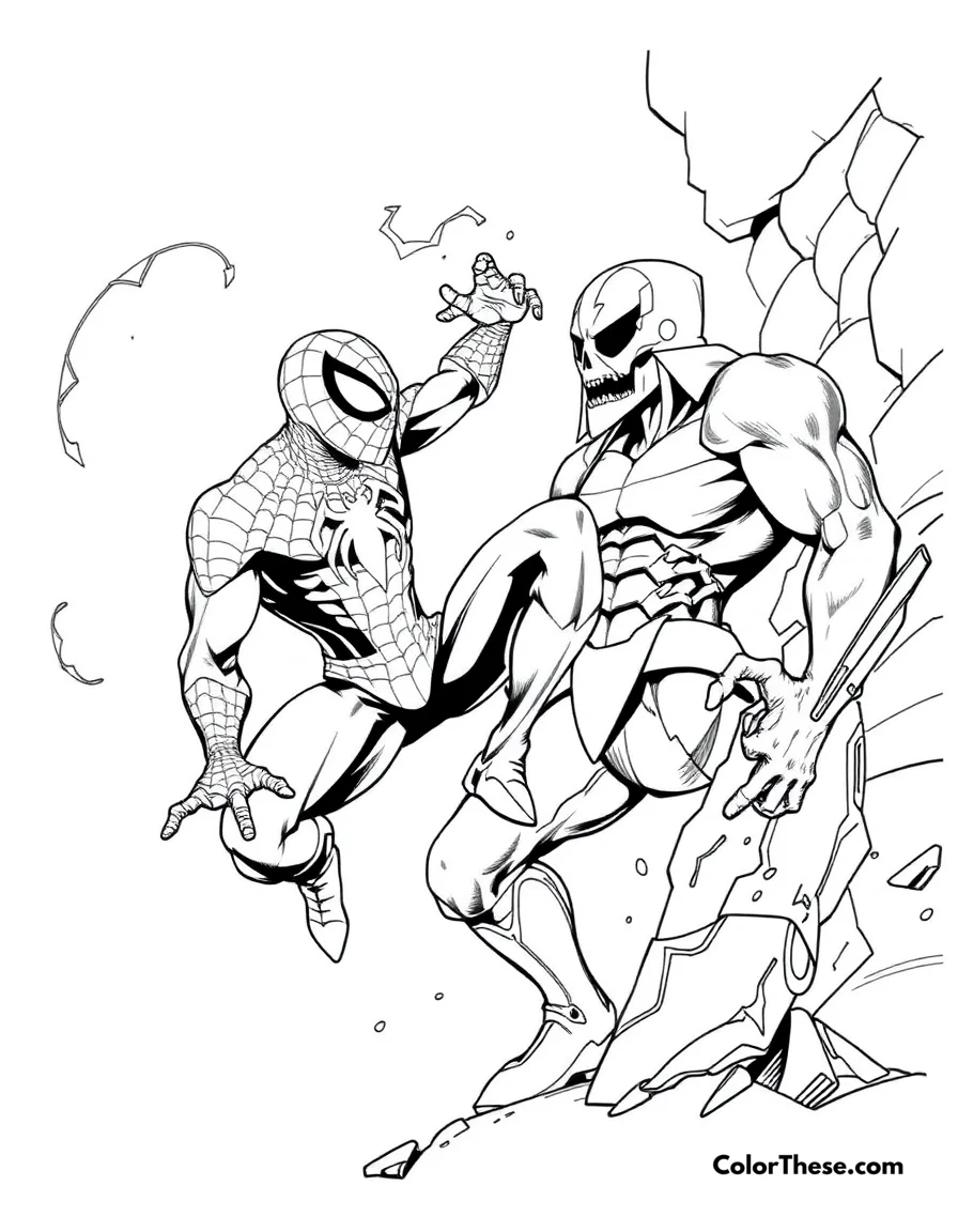 Free printable spiderman and tombstone coloring page for kids and adults. Spiderman battling Tombstone in a gritty scene.