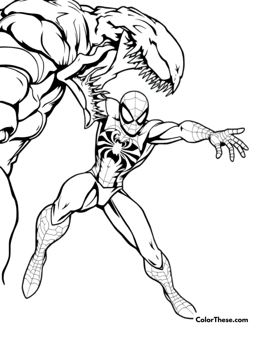 Free printable spiderman facing venom coloring page for kids and adults. Spiderman in a battle stance against Venom.