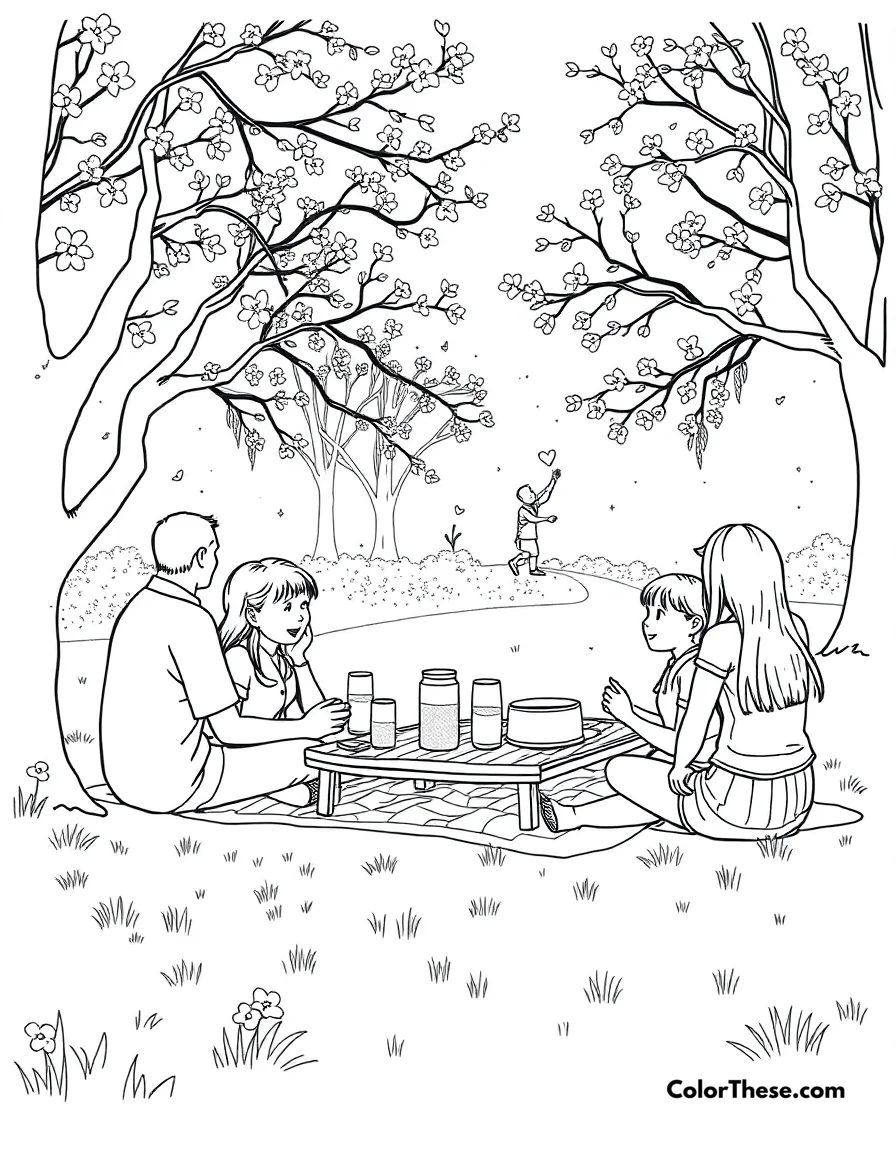 Free printable spring picnic in the park coloring page for kids and adults. A family enjoying a picnic in the park during spring.