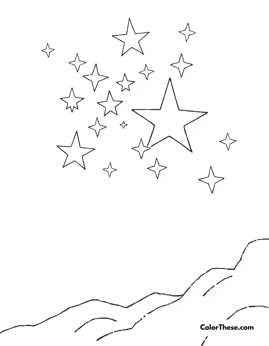 Free printable star cluster coloring page for kids and adults. A cluster of stars shining brightly in the night sky.