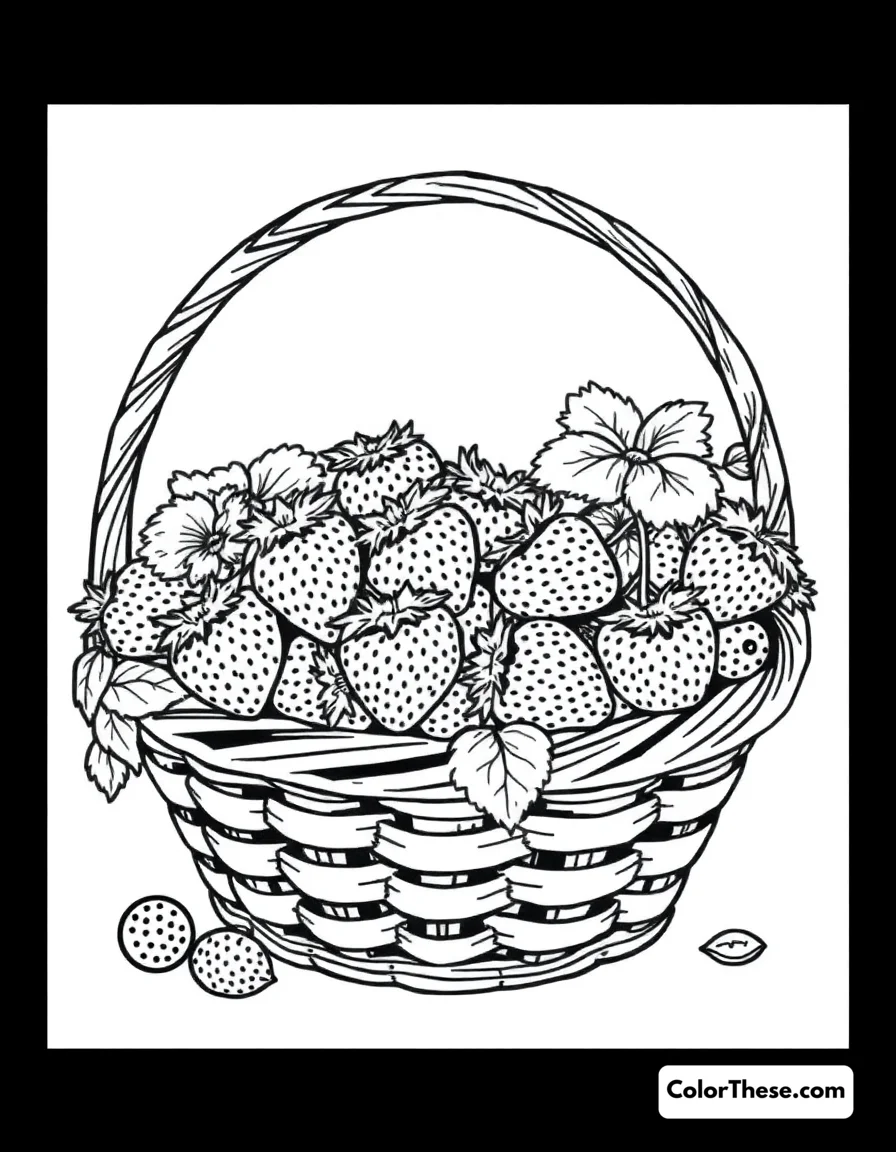 Free printable strawberry basket coloring page for kids and adults. A basket filled with freshly picked strawberries.