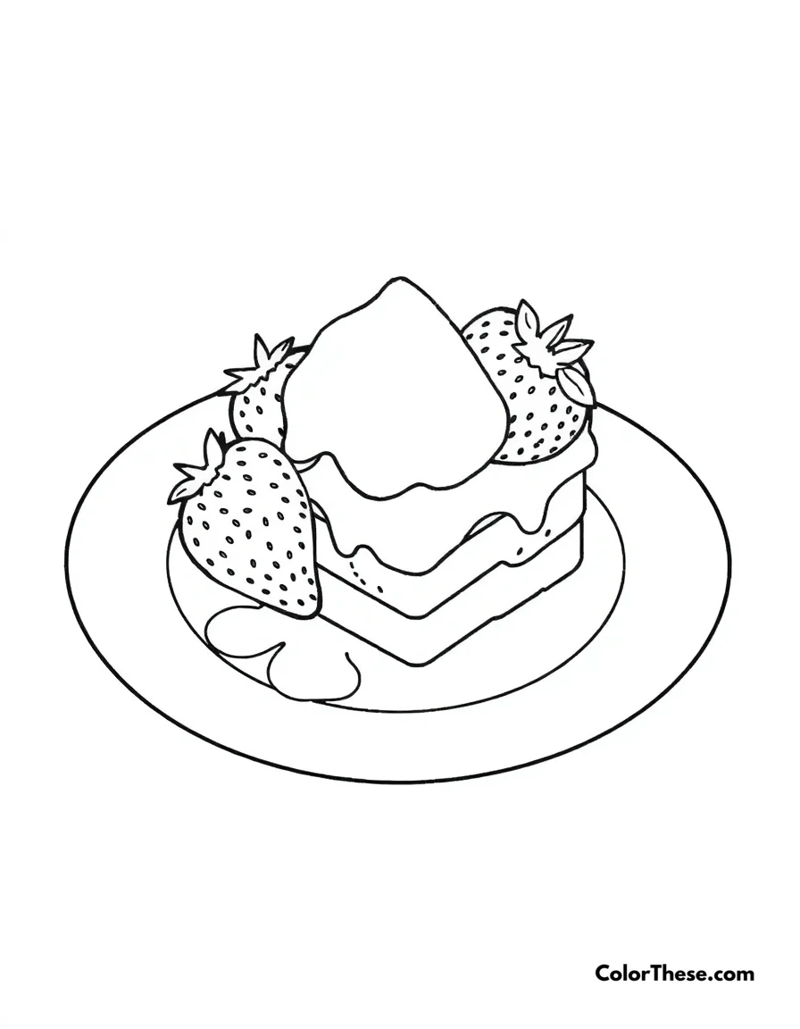 Free printable strawberry dessert coloring page for kids and adults. A delicious strawberry dessert on a plate.