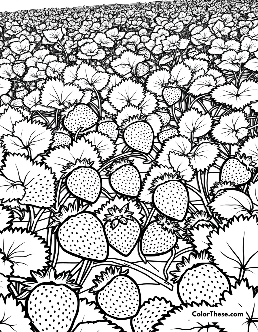 Free printable strawberry field coloring page for kids and adults. A field full of ripe strawberries ready for picking.