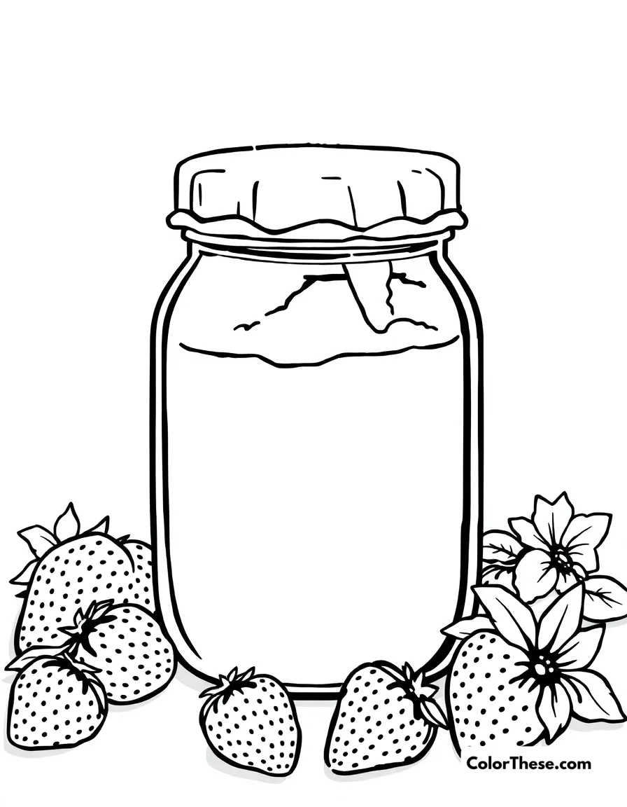 Free printable strawberry jam jar coloring page. A jar of homemade strawberry jam.