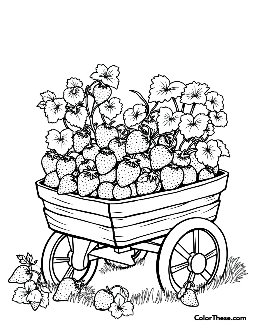 Free printable strawberry wagon coloring page for kids and adults. A wagon filled with freshly picked strawberries.